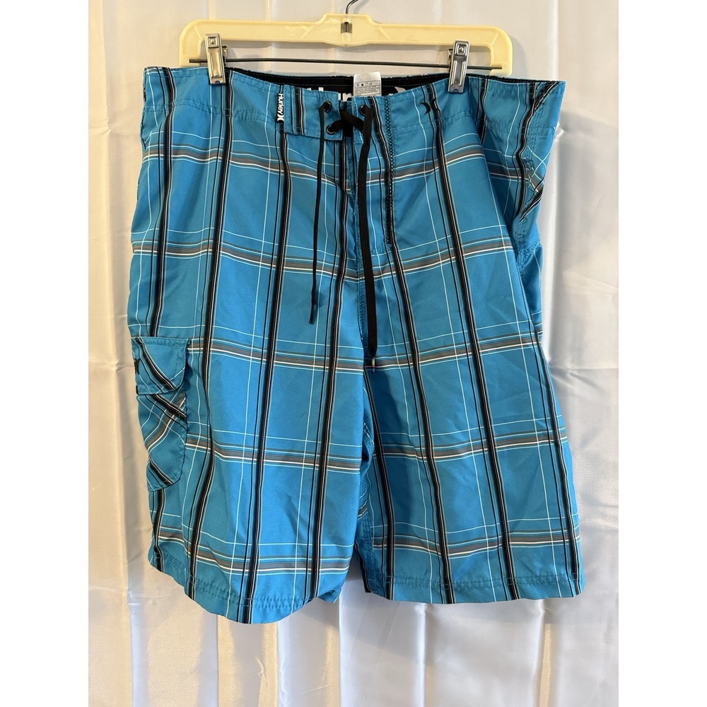 Hurley Board Shorts Mens 36 Waist Turquoise Plaid Quick Dry Swim Surf Trunks